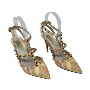 Valentino Garavani 1973 Rockstud Rainbow Chevron T-Strap Pointed Toe Pump 37 EU